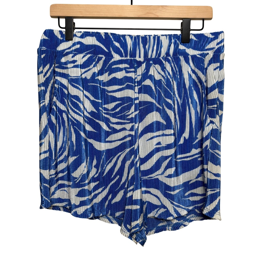 Fashion Nova Blue White Zebra AOP Elastic Waist Stretch Pleated Shorts Womens 1X